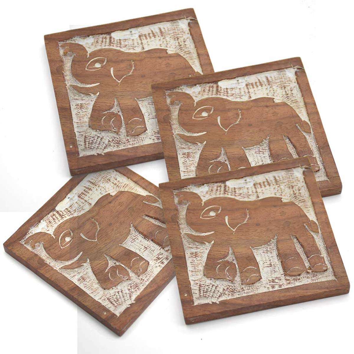 Wooden Coasters Wholesale – Handmade Set of 4 Coasters – Square-Shaped – Carved Elephant Motifs – Table-Top Accessories 